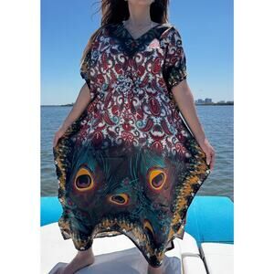 Paisley and feathers Kaftan Dresses for Women Beach Coverups, One Size Kaftans